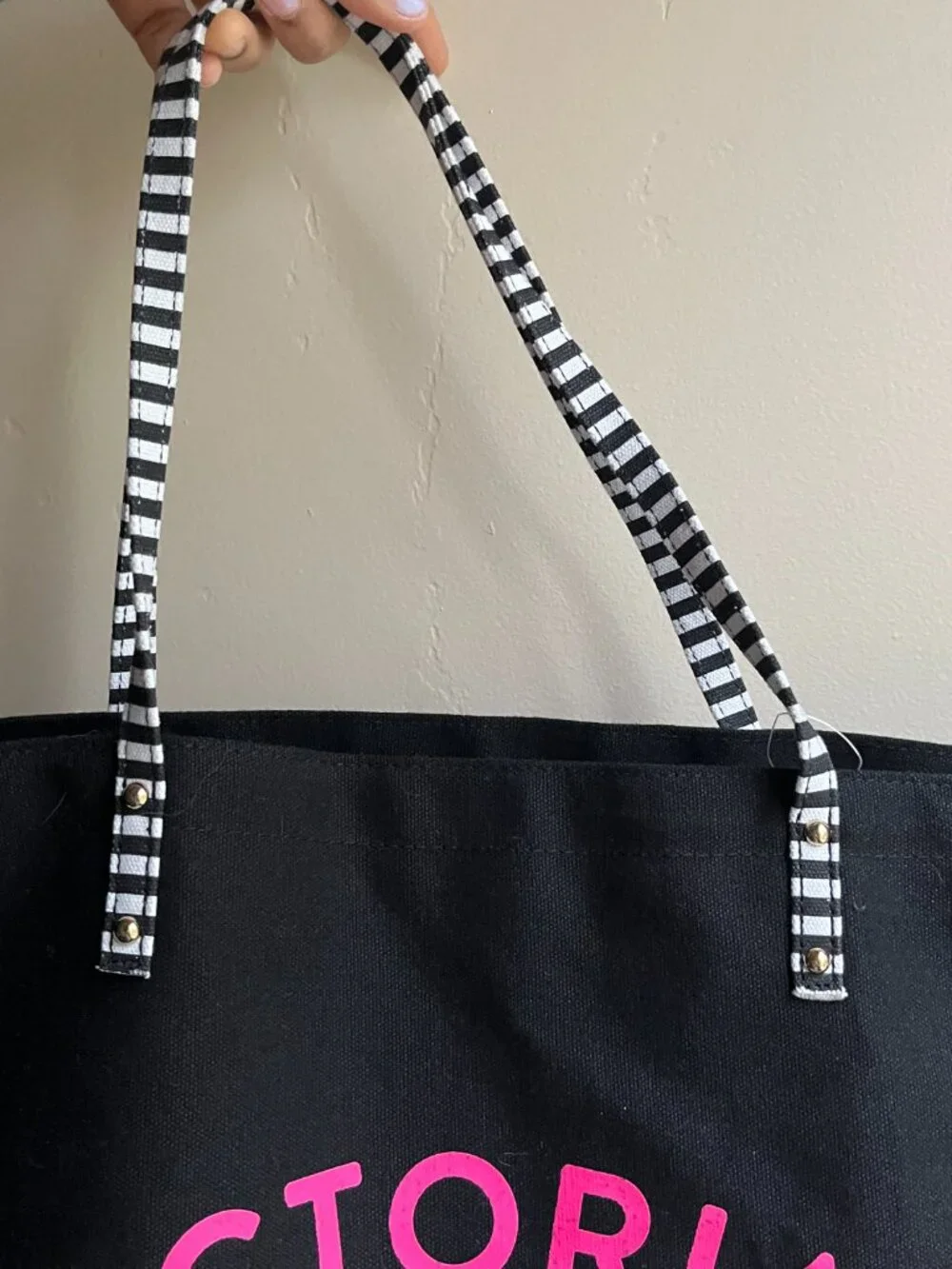Victoria's Secret Black Canvas Beach summer travel Tote bag striped y2k oversize